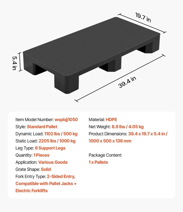 Alt view image 7 of 8 - VEVOR Plastic Pallet, 1 Pc Plastic Pallet for Basement Storage, Lightweight Waterproof Floor Storage Pad for Indoor Outdoor Supermarket Warehouse, Support up to 2205 lbs, 39.4" x 19.7" x 5.4", Black