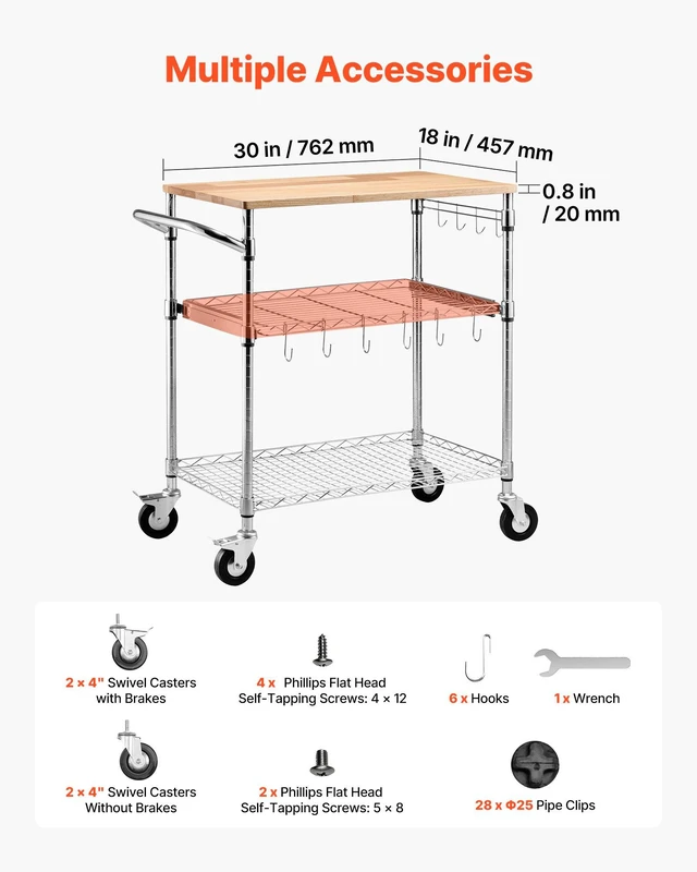 Alt view image 5 of 8 - VEVOR Kitchen Utility Cart, 3 Tier Heavy Duty Adjustable Wire Storage Rack with Wood Tabletop and Handle Bar, Rolling Portable Service Trolley on Wheels, 661 lbs Steel Work Table, 30x18x36 in
