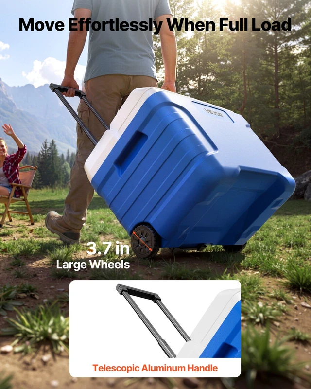 Alt view image 4 of 8 - VEVOR Hard Cooler, 45QT Portable Rolling Cooler with Wheels, Leak-Resistant Coolbox Keeps Contents Cool for 48 Hours, Ice Retention Insulated Chests, Ultra-Light for Outdoor Picnics, Grill, Camping