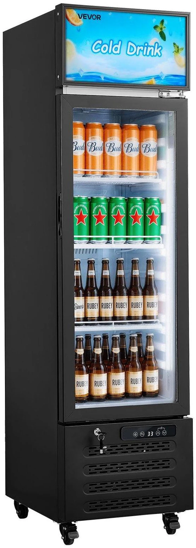 Main image of VEVOR Commercial Merchandiser Refrigerator, 6.1 Cu.Ft / 173 L Glass Door Display Refrigerator, Upright Beverage Cooler with Customizable Lightbox, 3 Adjustable Shelves & Soft LED Light for Homes Shops