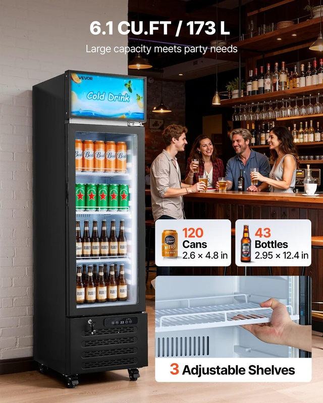 Alt view image 2 of 8 - VEVOR Commercial Merchandiser Refrigerator, 6.1 Cu.Ft / 173 L Glass Door Display Refrigerator, Upright Beverage Cooler with Customizable Lightbox, 3 Adjustable Shelves & Soft LED Light for Homes Shops