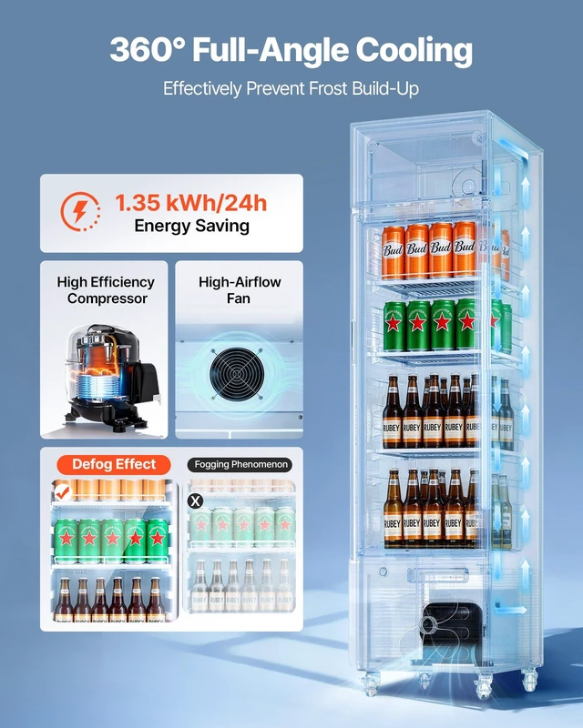 Alt view image 3 of 8 - VEVOR Commercial Merchandiser Refrigerator, 6.1 Cu.Ft / 173 L Glass Door Display Refrigerator, Upright Beverage Cooler with Customizable Lightbox, 3 Adjustable Shelves & Soft LED Light for Homes Shops