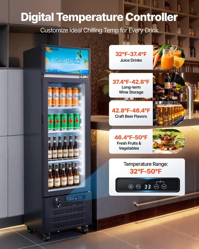Alt view image 4 of 8 - VEVOR Commercial Merchandiser Refrigerator, 6.1 Cu.Ft / 173 L Glass Door Display Refrigerator, Upright Beverage Cooler with Customizable Lightbox, 3 Adjustable Shelves & Soft LED Light for Homes Shops
