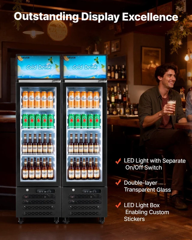 Alt view image 5 of 8 - VEVOR Commercial Merchandiser Refrigerator, 6.1 Cu.Ft / 173 L Glass Door Display Refrigerator, Upright Beverage Cooler with Customizable Lightbox, 3 Adjustable Shelves & Soft LED Light for Homes Shops