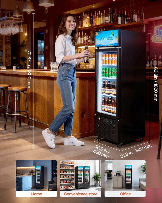 Alt view image 7 of 8 - VEVOR Commercial Merchandiser Refrigerator, 6.1 Cu.Ft / 173 L Glass Door Display Refrigerator, Upright Beverage Cooler with Customizable Lightbox, 3 Adjustable Shelves & Soft LED Light for Homes Shops