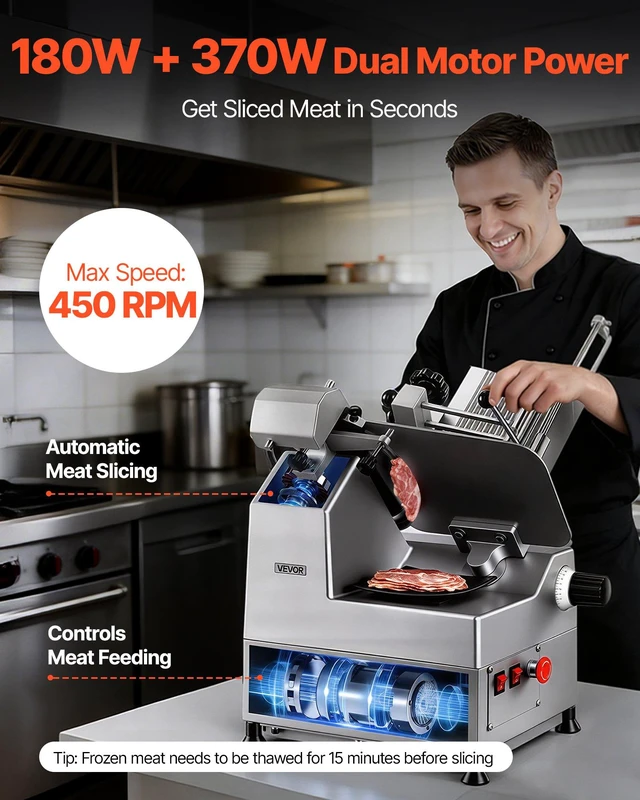 Alt view image 3 of 8 - VEVOR Fully Automatic Meat Slicer, 180W + 370W Commercial Food-Slicer with 10" Carbon Steel Blade, Built-In Sharpener & 0-0.3" Adjustable Thickness for Frozen Meat, Ham, Baguett, Steak