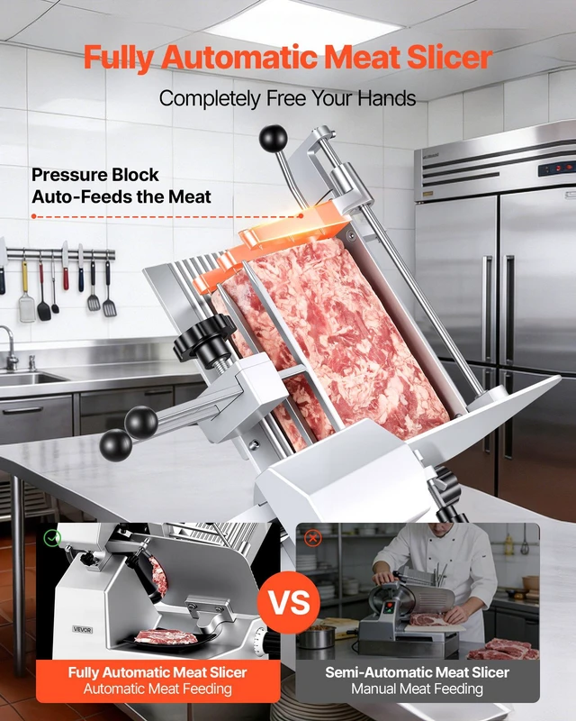 Alt view image 2 of 8 - VEVOR Fully Automatic Meat Slicer, 180W + 370W Commercial Food-Slicer with 10" Carbon Steel Blade, Built-In Sharpener & 0-0.3" Adjustable Thickness for Frozen Meat, Ham, Baguett, Steak