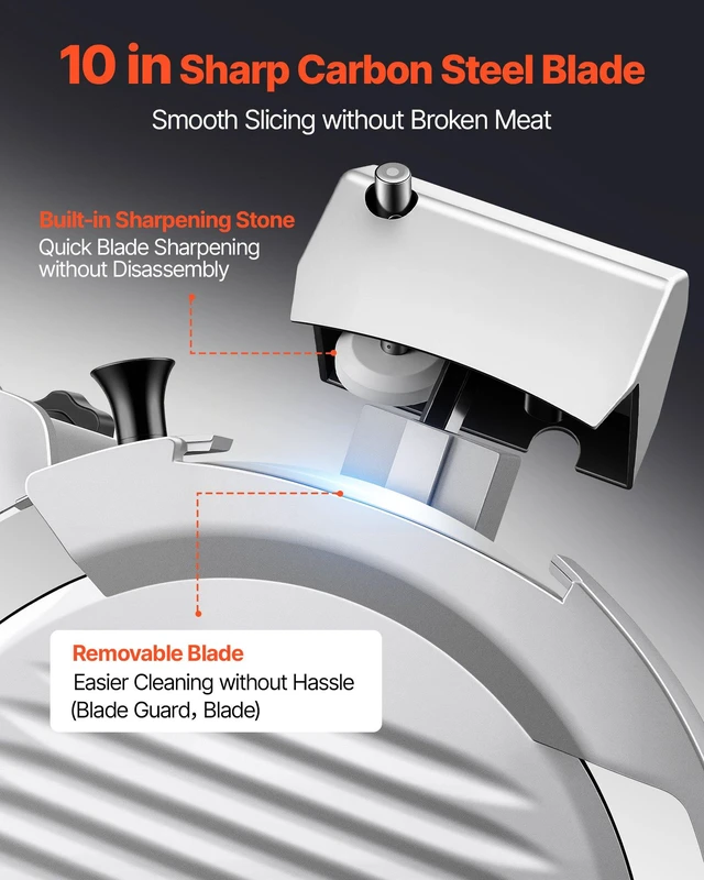 Alt view image 4 of 8 - VEVOR Fully Automatic Meat Slicer, 180W + 370W Commercial Food-Slicer with 10" Carbon Steel Blade, Built-In Sharpener & 0-0.3" Adjustable Thickness for Frozen Meat, Ham, Baguett, Steak