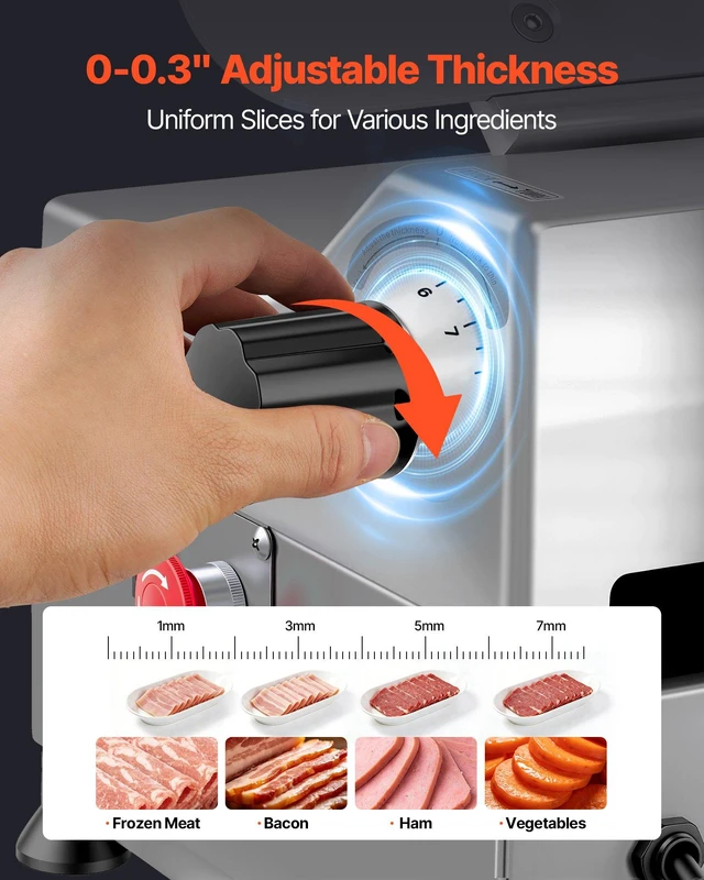 Alt view image 5 of 8 - VEVOR Fully Automatic Meat Slicer, 180W + 370W Commercial Food-Slicer with 10" Carbon Steel Blade, Built-In Sharpener & 0-0.3" Adjustable Thickness for Frozen Meat, Ham, Baguett, Steak