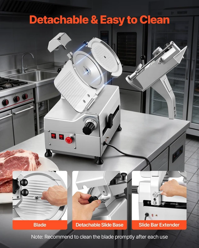 Alt view image 6 of 8 - VEVOR Fully Automatic Meat Slicer, 180W + 370W Commercial Food-Slicer with 10" Carbon Steel Blade, Built-In Sharpener & 0-0.3" Adjustable Thickness for Frozen Meat, Ham, Baguett, Steak