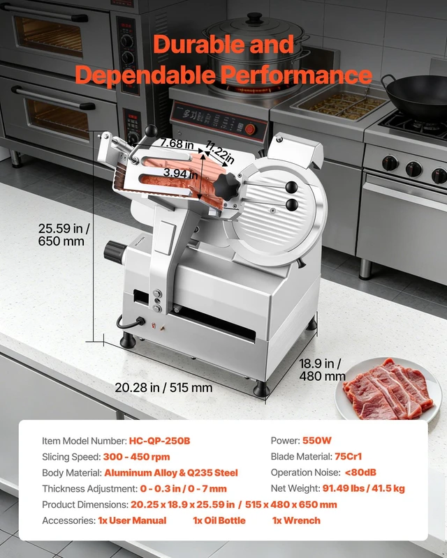 Alt view image 7 of 8 - VEVOR Fully Automatic Meat Slicer, 180W + 370W Commercial Food-Slicer with 10" Carbon Steel Blade, Built-In Sharpener & 0-0.3" Adjustable Thickness for Frozen Meat, Ham, Baguett, Steak