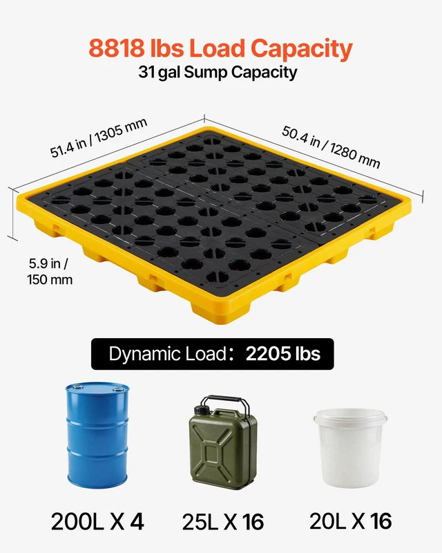 Alt view image 2 of 8 - VEVOR Spill Containment Pallet, 4 Drum Low Profile Spill Containment Modular Platform, 31 Gallon Sump, 8818 lbs Load Capacity, Heavy-Duty Polyethylene Tray with Drain, 51.4" x 50.4" x 5.9", Yellow