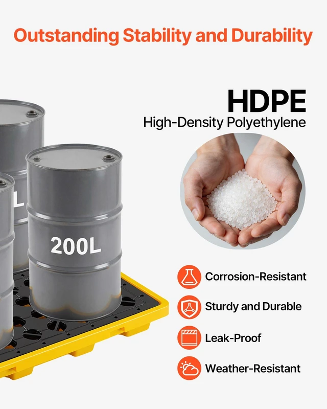 Alt view image 3 of 8 - VEVOR Spill Containment Pallet, 4 Drum Low Profile Spill Containment Modular Platform, 31 Gallon Sump, 8818 lbs Load Capacity, Heavy-Duty Polyethylene Tray with Drain, 51.4" x 50.4" x 5.9", Yellow