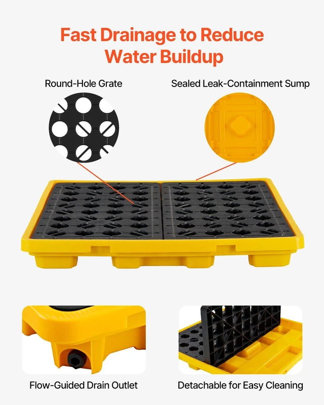 Alt view image 4 of 8 - VEVOR Spill Containment Pallet, 4 Drum Low Profile Spill Containment Modular Platform, 31 Gallon Sump, 8818 lbs Load Capacity, Heavy-Duty Polyethylene Tray with Drain, 51.4" x 50.4" x 5.9", Yellow