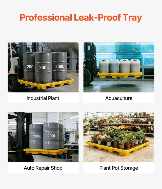 Alt view image 6 of 8 - VEVOR Spill Containment Pallet, 4 Drum Low Profile Spill Containment Modular Platform, 31 Gallon Sump, 8818 lbs Load Capacity, Heavy-Duty Polyethylene Tray with Drain, 51.4" x 50.4" x 5.9", Yellow