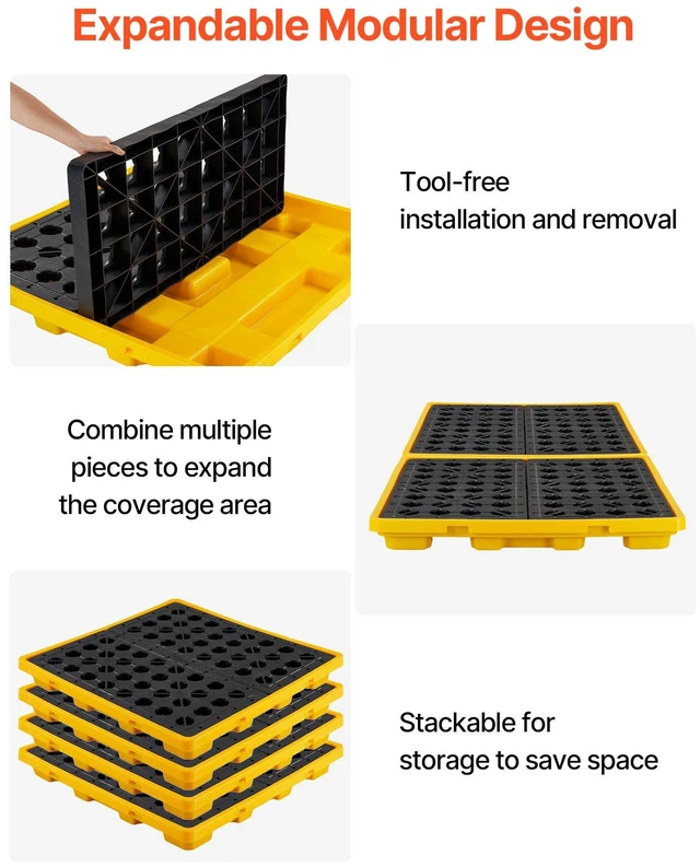 Alt view image 5 of 8 - VEVOR Spill Containment Pallet, 4 Drum Low Profile Spill Containment Modular Platform, 31 Gallon Sump, 8818 lbs Load Capacity, Heavy-Duty Polyethylene Tray with Drain, 51.4" x 50.4" x 5.9", Yellow