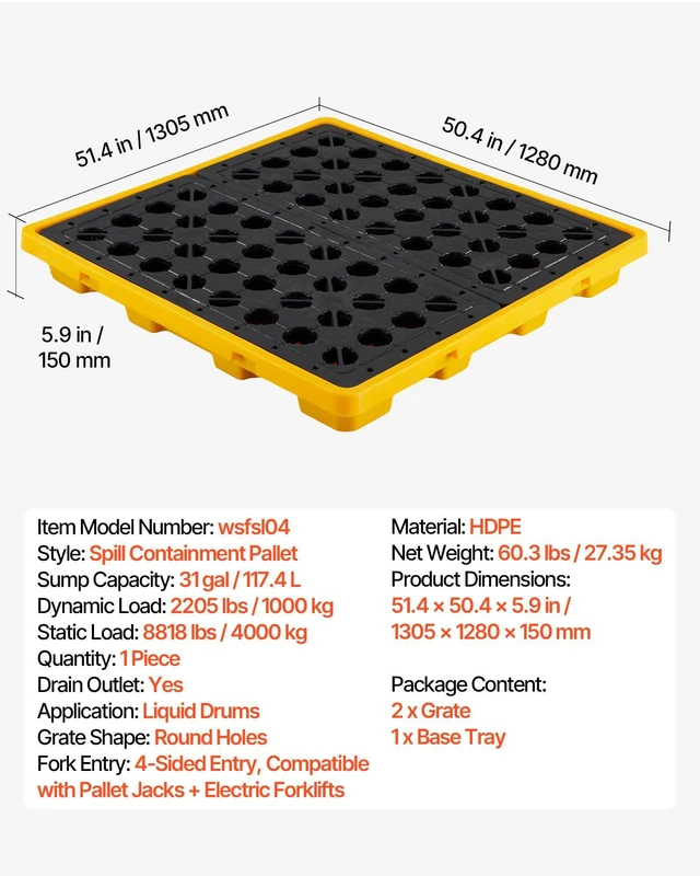 Alt view image 7 of 8 - VEVOR Spill Containment Pallet, 4 Drum Low Profile Spill Containment Modular Platform, 31 Gallon Sump, 8818 lbs Load Capacity, Heavy-Duty Polyethylene Tray with Drain, 51.4" x 50.4" x 5.9", Yellow