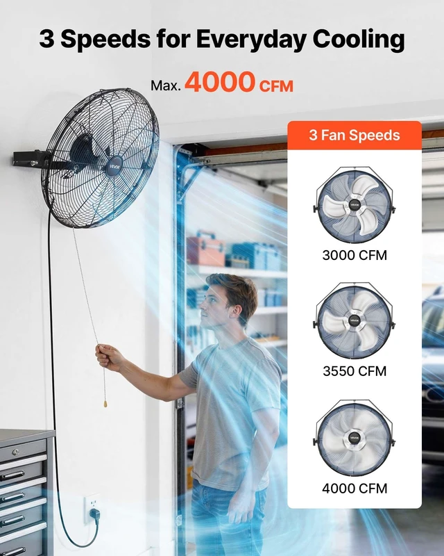 Alt view image 3 of 8 - VEVOR Wall Mount Fan, 18 in Wall Mounted Hanging Fan, 3-Speed, Long Airflow Distance, Adjustable Rotation Angle, Mechanical Control, Powerful for Industry, Commercial, Garage, Workshop, Gym, 2 Pack