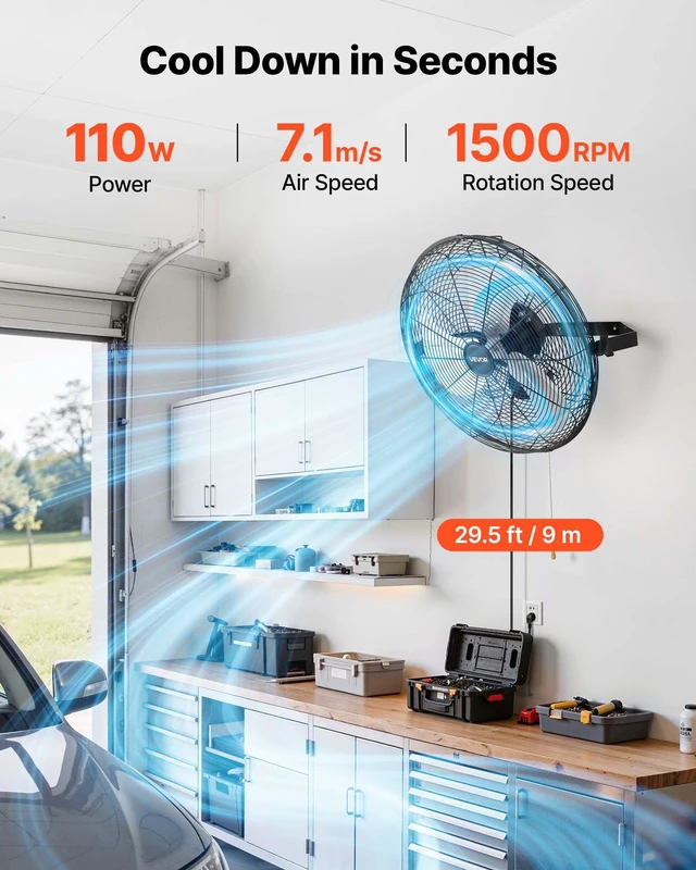 Alt view image 2 of 8 - VEVOR Wall Mount Fan, 18 in Wall Mounted Hanging Fan, 3-Speed, Long Airflow Distance, Adjustable Rotation Angle, Mechanical Control, Powerful for Industry, Commercial, Garage, Workshop, Gym, 2 Pack