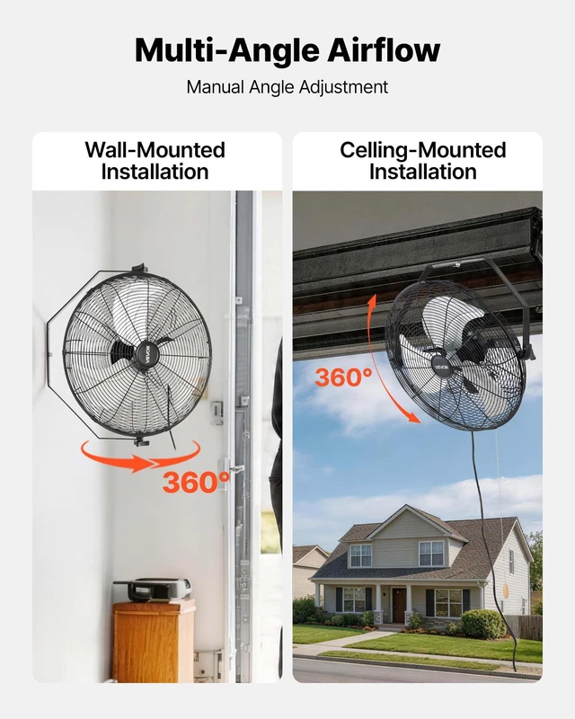 Alt view image 4 of 8 - VEVOR Wall Mount Fan, 18 in Wall Mounted Hanging Fan, 3-Speed, Long Airflow Distance, Adjustable Rotation Angle, Mechanical Control, Powerful for Industry, Commercial, Garage, Workshop, Gym, 2 Pack