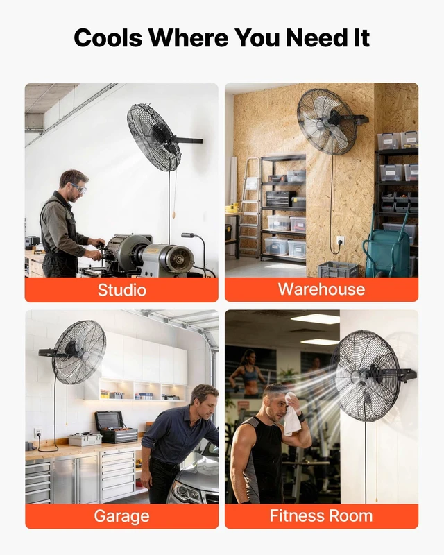 Alt view image 6 of 8 - VEVOR Wall Mount Fan, 18 in Wall Mounted Hanging Fan, 3-Speed, Long Airflow Distance, Adjustable Rotation Angle, Mechanical Control, Powerful for Industry, Commercial, Garage, Workshop, Gym, 2 Pack