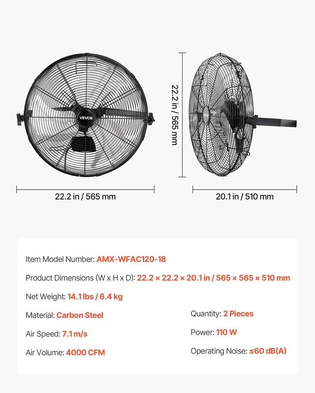 Alt view image 7 of 8 - VEVOR Wall Mount Fan, 18 in Wall Mounted Hanging Fan, 3-Speed, Long Airflow Distance, Adjustable Rotation Angle, Mechanical Control, Powerful for Industry, Commercial, Garage, Workshop, Gym, 2 Pack