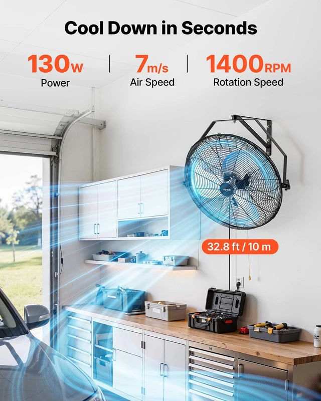 Alt view image 2 of 8 - VEVOR Wall Mount Fan, 20 in Wall Mounted Hanging Fan, 3-Speed, Long Airflow Distance, Adjustable Rotation Angle, Mechanical Control, Powerful for Industry, Commercial, Garage, Workshop, Gym, 2 Pack