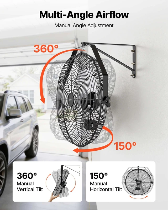 Alt view image 4 of 8 - VEVOR Wall Mount Fan, 20 in Wall Mounted Hanging Fan, 3-Speed, Long Airflow Distance, Adjustable Rotation Angle, Mechanical Control, Powerful for Industry, Commercial, Garage, Workshop, Gym, 2 Pack