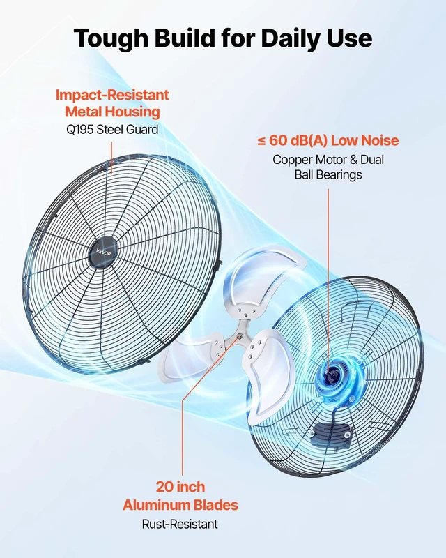Alt view image 5 of 8 - VEVOR Wall Mount Fan, 20 in Wall Mounted Hanging Fan, 3-Speed, Long Airflow Distance, Adjustable Rotation Angle, Mechanical Control, Powerful for Industry, Commercial, Garage, Workshop, Gym, 2 Pack
