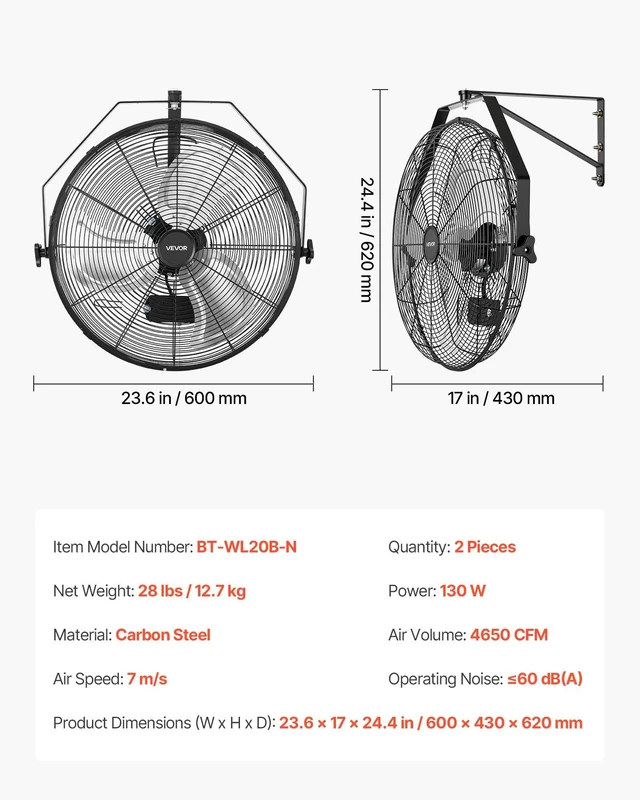 Alt view image 7 of 8 - VEVOR Wall Mount Fan, 20 in Wall Mounted Hanging Fan, 3-Speed, Long Airflow Distance, Adjustable Rotation Angle, Mechanical Control, Powerful for Industry, Commercial, Garage, Workshop, Gym, 2 Pack