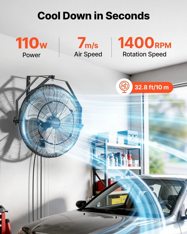 Alt view image 2 of 8 - VEVOR Wall Mount Fan, 20 in Wall Mounted Hanging Fan with Mist, IP44-rated Protection, 3-Speed, Long Airflow Distance, Adjustable Rotation Angle, Powerful for Industry, Commercial, Garage, Workshop