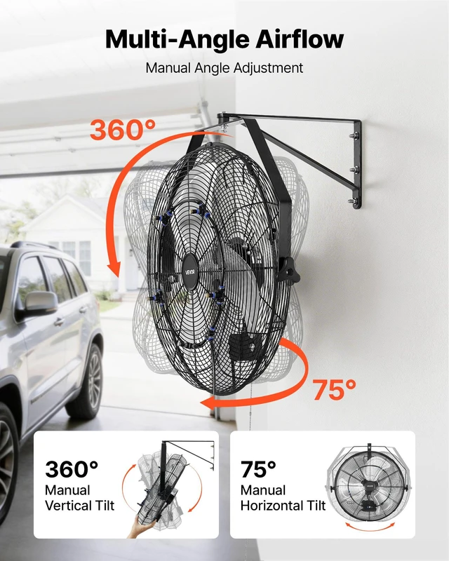 Alt view image 5 of 8 - VEVOR Wall Mount Fan, 20 in Wall Mounted Hanging Fan with Mist, IP44-rated Protection, 3-Speed, Long Airflow Distance, Adjustable Rotation Angle, Powerful for Industry, Commercial, Garage, Workshop
