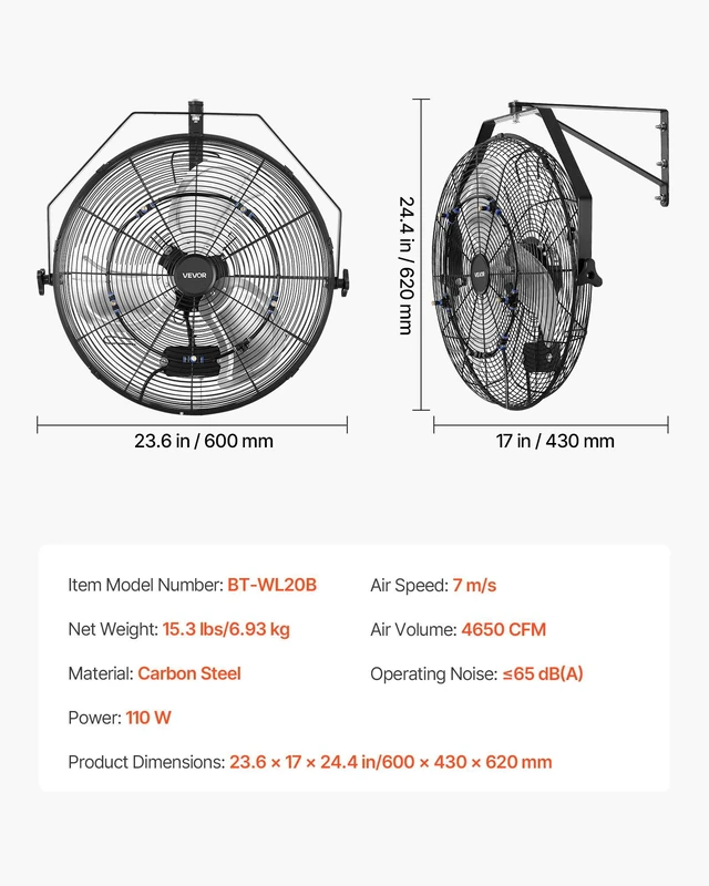 Alt view image 7 of 8 - VEVOR Wall Mount Fan, 20 in Wall Mounted Hanging Fan with Mist, IP44-rated Protection, 3-Speed, Long Airflow Distance, Adjustable Rotation Angle, Powerful for Industry, Commercial, Garage, Workshop