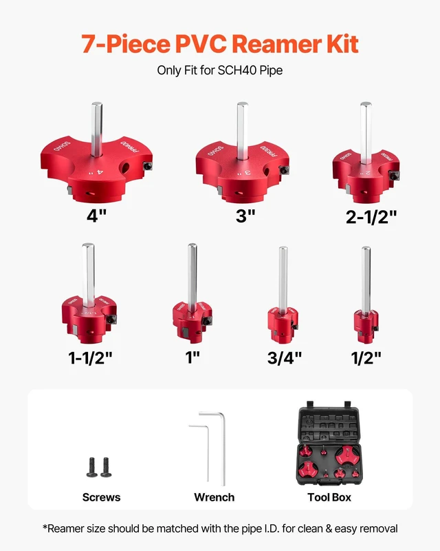 Alt view image 2 of 8 - VEVOR PVC Pipe Reamer Kit, 7-Piece, 3 Blades PVC Fitting Socket Saver, Includes 1/2", 3/4", 1", 1-1/2", 2", 3", 4", Fits Standard 1/2" Drills, Plumbing Tool Kit for SCH40 ABS CPVC Vent Drain Pipes