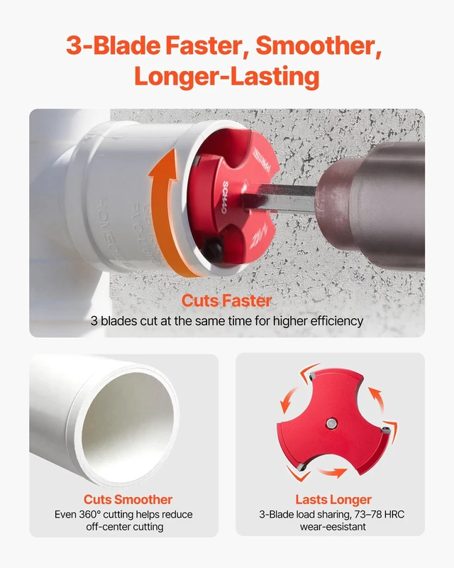 Alt view image 4 of 8 - VEVOR PVC Pipe Reamer Kit, 7-Piece, 3 Blades PVC Fitting Socket Saver, Includes 1/2", 3/4", 1", 1-1/2", 2", 3", 4", Fits Standard 1/2" Drills, Plumbing Tool Kit for SCH40 ABS CPVC Vent Drain Pipes