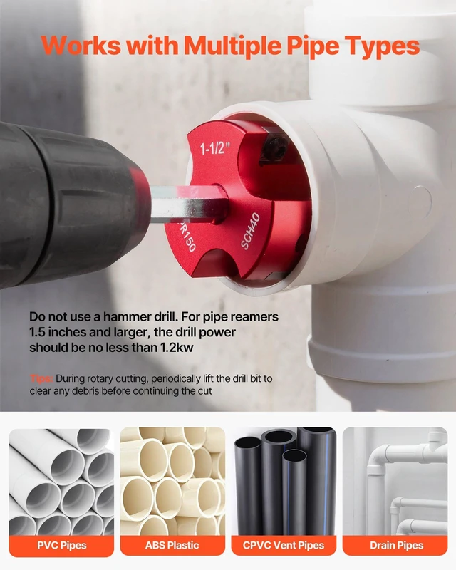 Alt view image 5 of 8 - VEVOR PVC Pipe Reamer Kit, 7-Piece, 3 Blades PVC Fitting Socket Saver, Includes 1/2", 3/4", 1", 1-1/2", 2", 3", 4", Fits Standard 1/2" Drills, Plumbing Tool Kit for SCH40 ABS CPVC Vent Drain Pipes