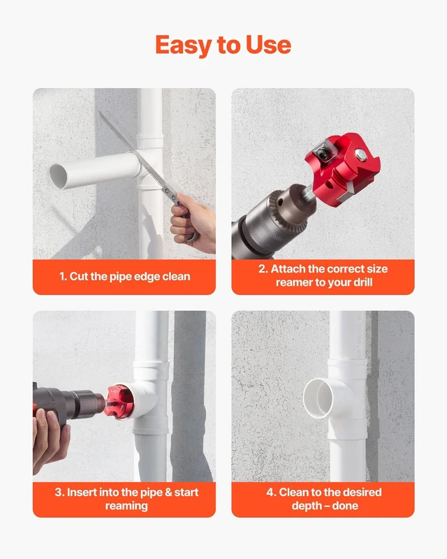 Alt view image 6 of 8 - VEVOR PVC Pipe Reamer Kit, 7-Piece, 3 Blades PVC Fitting Socket Saver, Includes 1/2", 3/4", 1", 1-1/2", 2", 3", 4", Fits Standard 1/2" Drills, Plumbing Tool Kit for SCH40 ABS CPVC Vent Drain Pipes