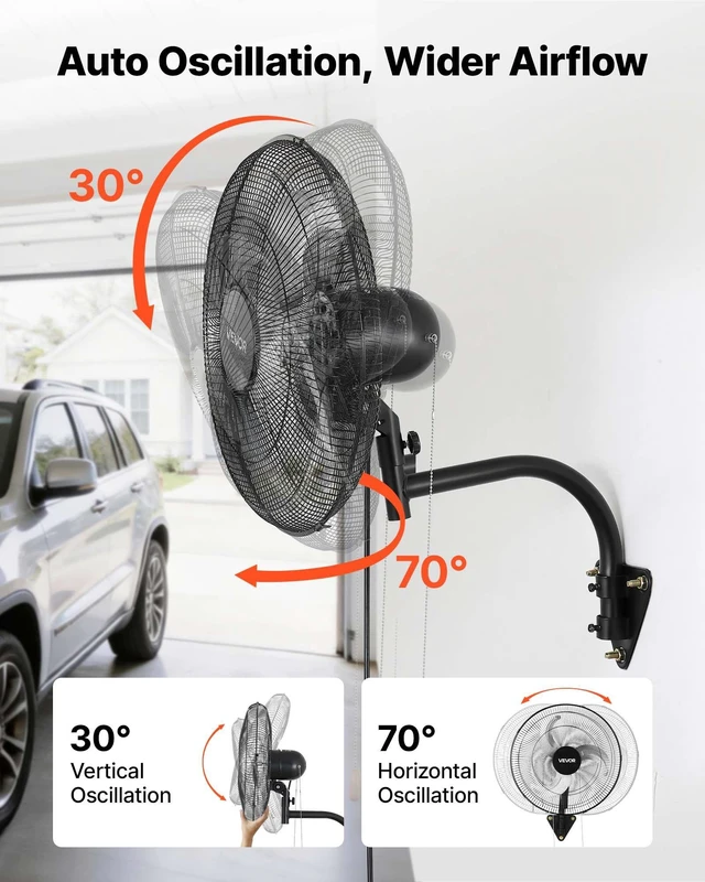 Alt view image 3 of 8 - VEVOR Wall Mount Fan, 18 in Wall Mounted Hanging Fan Oscillating, 3-Speed, Long Airflow Distance, Adjustable Rotation Angle, Mechanical Powerful for Industry, Commercial, Garage, Workshop, Gym, 2 Pack
