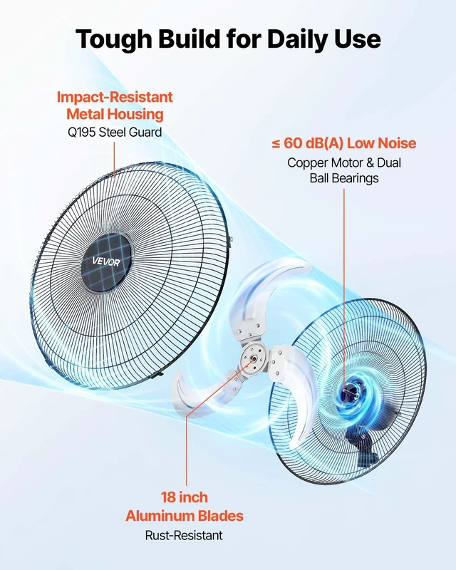 Alt view image 5 of 8 - VEVOR Wall Mount Fan, 18 in Wall Mounted Hanging Fan Oscillating, 3-Speed, Long Airflow Distance, Adjustable Rotation Angle, Mechanical Powerful for Industry, Commercial, Garage, Workshop, Gym, 2 Pack