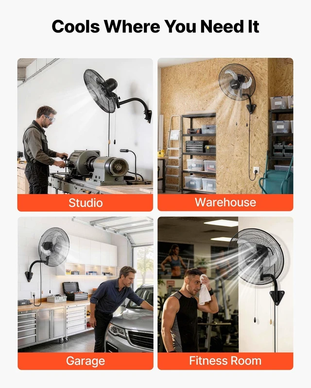 Alt view image 6 of 8 - VEVOR Wall Mount Fan, 18 in Wall Mounted Hanging Fan Oscillating, 3-Speed, Long Airflow Distance, Adjustable Rotation Angle, Mechanical Powerful for Industry, Commercial, Garage, Workshop, Gym, 2 Pack