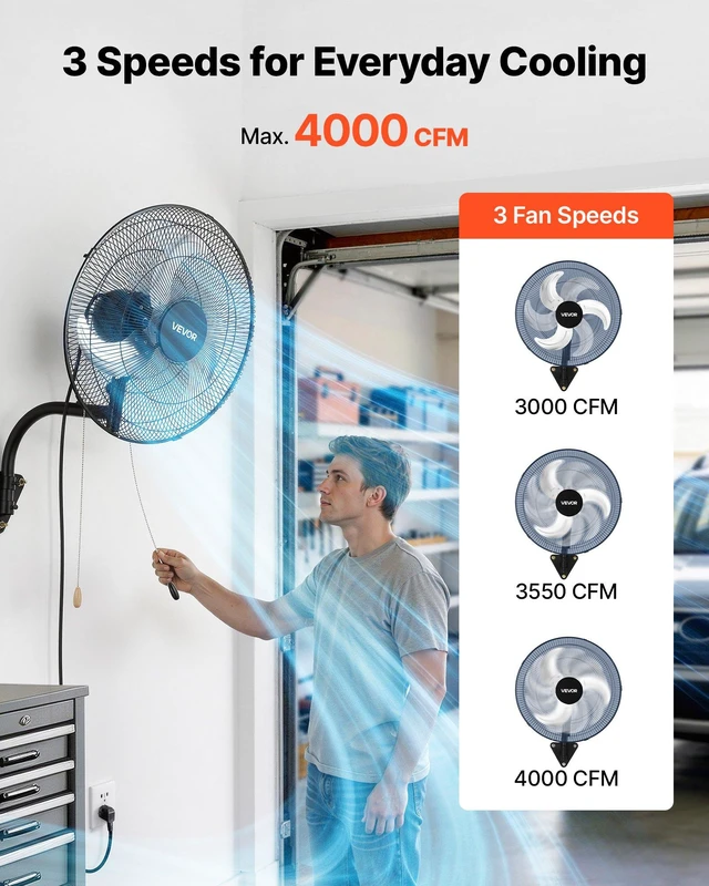 Alt view image 4 of 8 - VEVOR Wall Mount Fan, 18 in Wall Mounted Hanging Fan Oscillating, 3-Speed, Long Airflow Distance, Adjustable Rotation Angle, Mechanical Powerful for Industry, Commercial, Garage, Workshop, Gym, 2 Pack