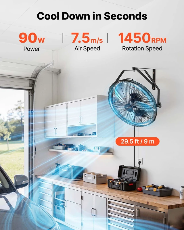 Alt view image 2 of 8 - VEVOR Wall Mount Fan, 18 in Wall Mounted Hanging Fan with IP44-rated Protection, 3-Speed, Long Airflow Distance, Adjustable Rotation Angle, Powerful for Industry, Commercial, Garage, Workshop, 2 Pack