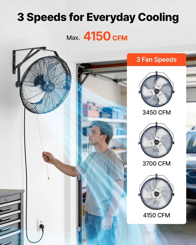 Alt view image 4 of 8 - VEVOR Wall Mount Fan, 18 in Wall Mounted Hanging Fan with IP44-rated Protection, 3-Speed, Long Airflow Distance, Adjustable Rotation Angle, Powerful for Industry, Commercial, Garage, Workshop, 2 Pack