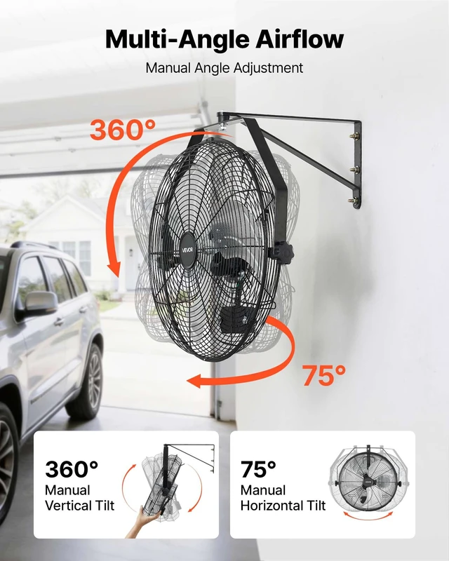 Alt view image 5 of 8 - VEVOR Wall Mount Fan, 18 in Wall Mounted Hanging Fan with IP44-rated Protection, 3-Speed, Long Airflow Distance, Adjustable Rotation Angle, Powerful for Industry, Commercial, Garage, Workshop, 2 Pack