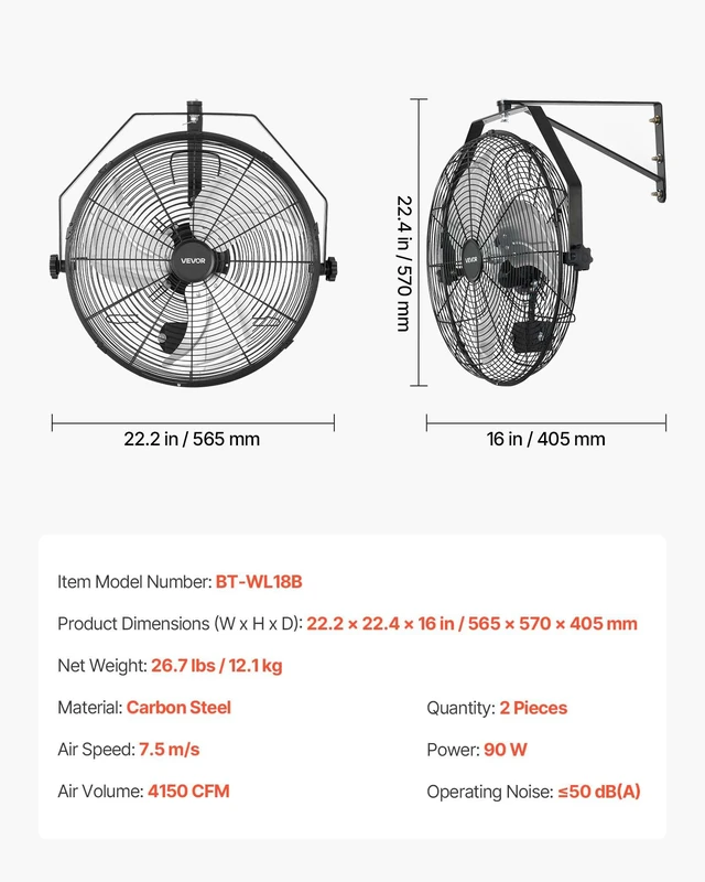Alt view image 7 of 8 - VEVOR Wall Mount Fan, 18 in Wall Mounted Hanging Fan with IP44-rated Protection, 3-Speed, Long Airflow Distance, Adjustable Rotation Angle, Powerful for Industry, Commercial, Garage, Workshop, 2 Pack