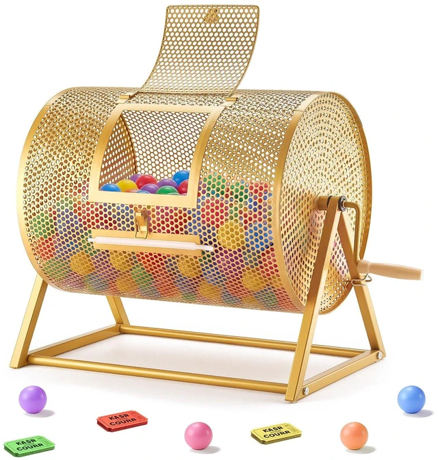 Main image of VEVOR Raffle Ticket Spinner, 16.1" x 11.9" Holds 5000 Tickets or 200 Ping Pong Balls, Raffle Drum Lottery Spinning Cage with Reinforced Handle, Stable Triangular Stand, for Events and Gatherings, Gold