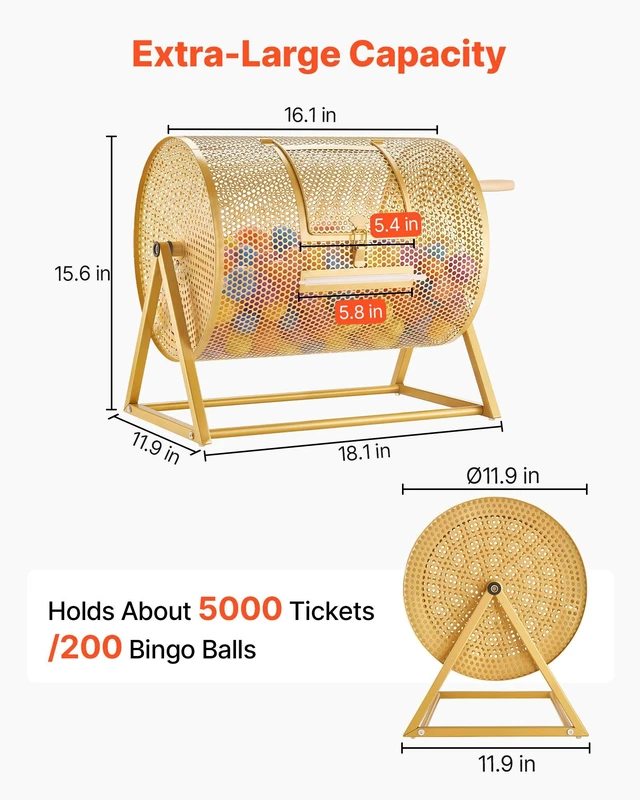 Alt view image 2 of 8 - VEVOR Raffle Ticket Spinner, 16.1" x 11.9" Holds 5000 Tickets or 200 Ping Pong Balls, Raffle Drum Lottery Spinning Cage with Reinforced Handle, Stable Triangular Stand, for Events and Gatherings, Gold