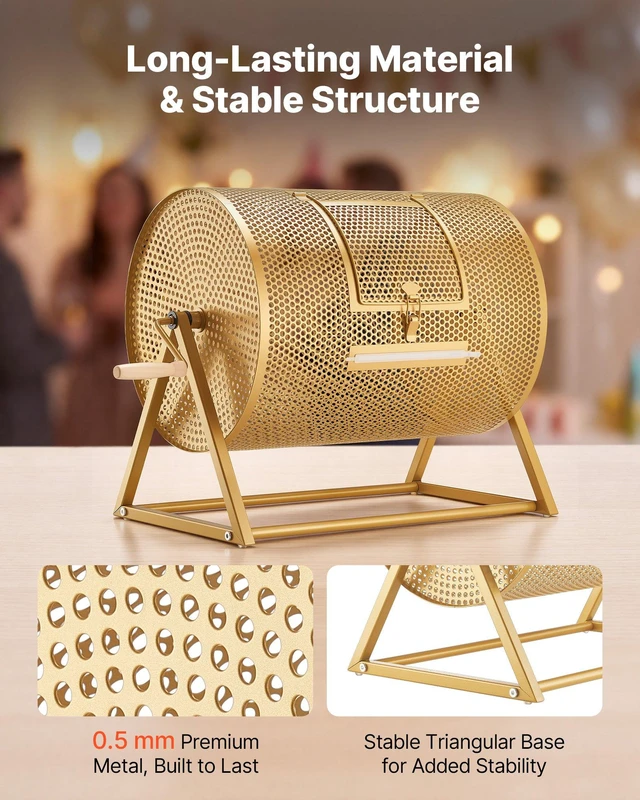 Alt view image 3 of 8 - VEVOR Raffle Ticket Spinner, 16.1" x 11.9" Holds 5000 Tickets or 200 Ping Pong Balls, Raffle Drum Lottery Spinning Cage with Reinforced Handle, Stable Triangular Stand, for Events and Gatherings, Gold