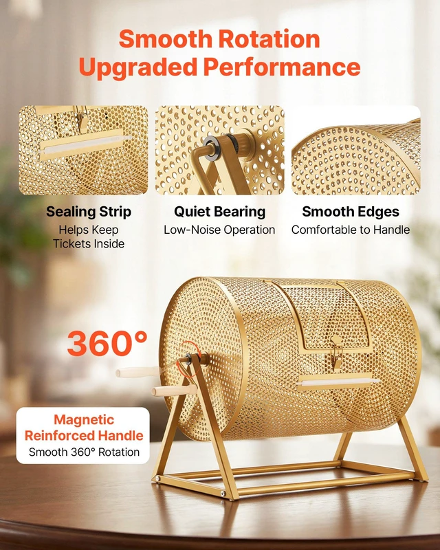 Alt view image 4 of 8 - VEVOR Raffle Ticket Spinner, 16.1" x 11.9" Holds 5000 Tickets or 200 Ping Pong Balls, Raffle Drum Lottery Spinning Cage with Reinforced Handle, Stable Triangular Stand, for Events and Gatherings, Gold