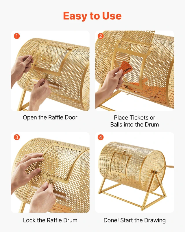 Alt view image 5 of 8 - VEVOR Raffle Ticket Spinner, 16.1" x 11.9" Holds 5000 Tickets or 200 Ping Pong Balls, Raffle Drum Lottery Spinning Cage with Reinforced Handle, Stable Triangular Stand, for Events and Gatherings, Gold